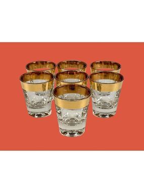 Set of 7 Vintage Gold Band Shot Glasses MCM Barware Cordial Glass Bar Cart Decor